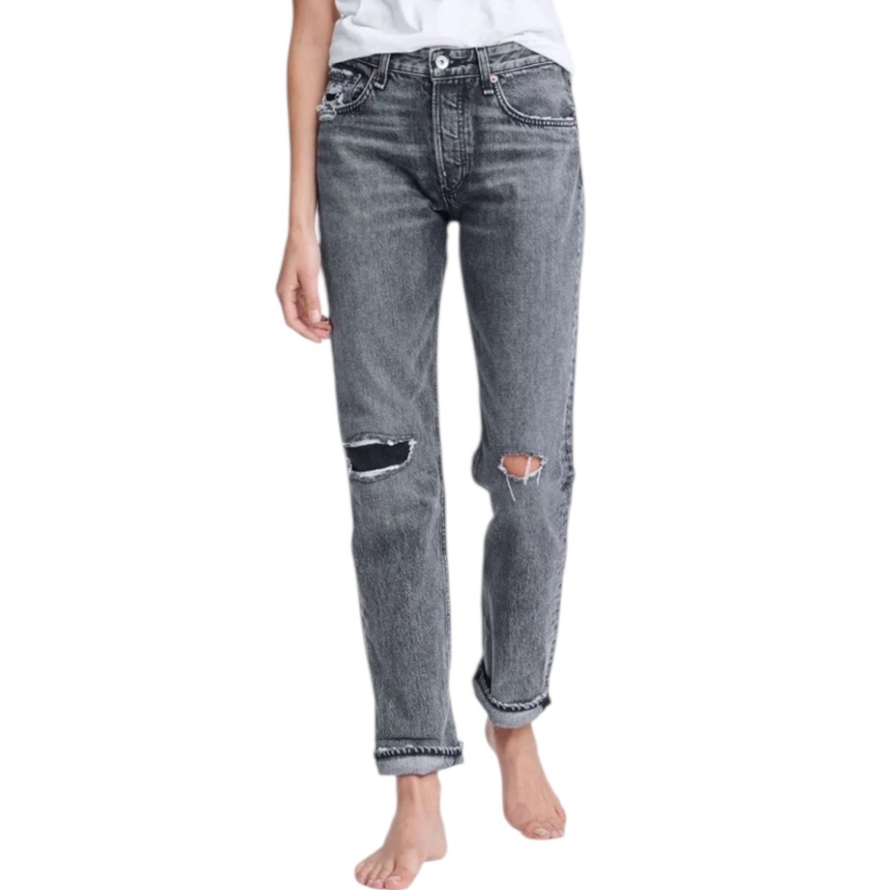 rag & bone Women's Rosa Mid Rise Boyfriend Jeans Black Magic Size‎ 25 Distressed